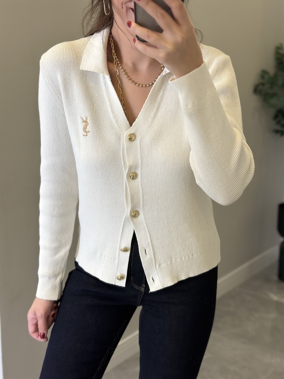 Orjinal Marka Gold Düğmeli Premium Hırka - Ekru