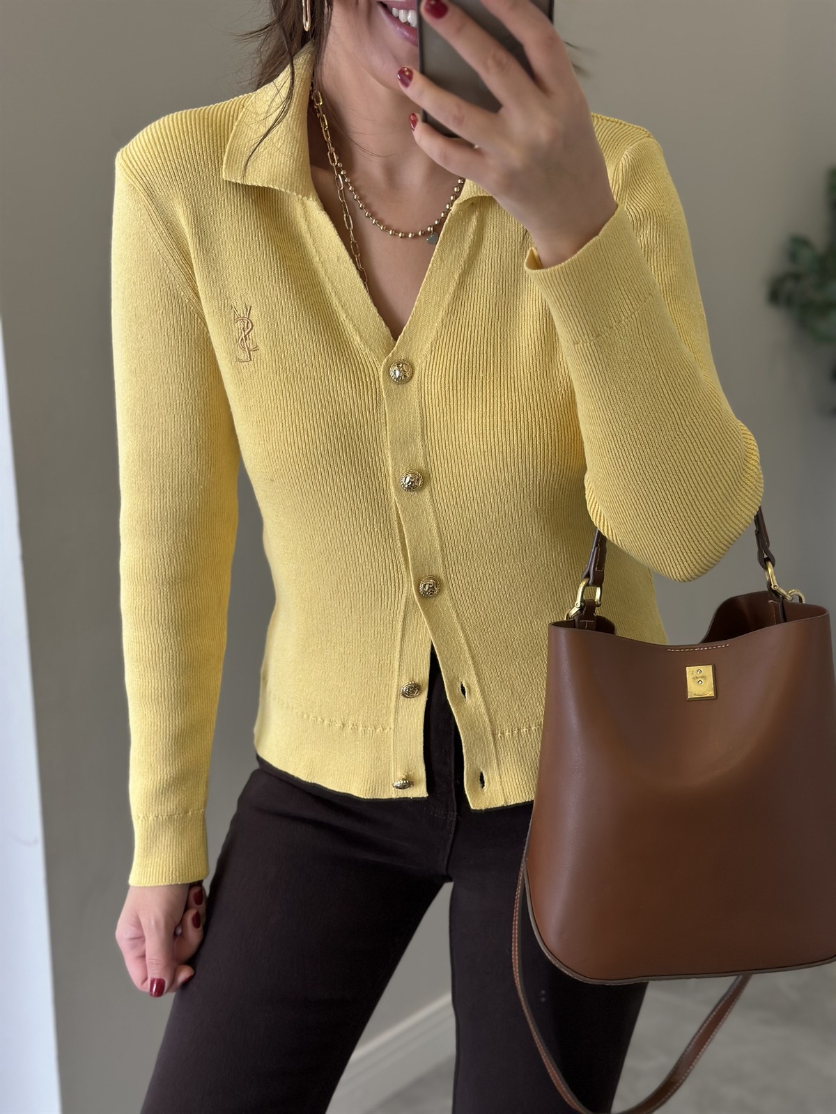 Orjinal Marka Gold Düğmeli Premium Hırka - Sarı