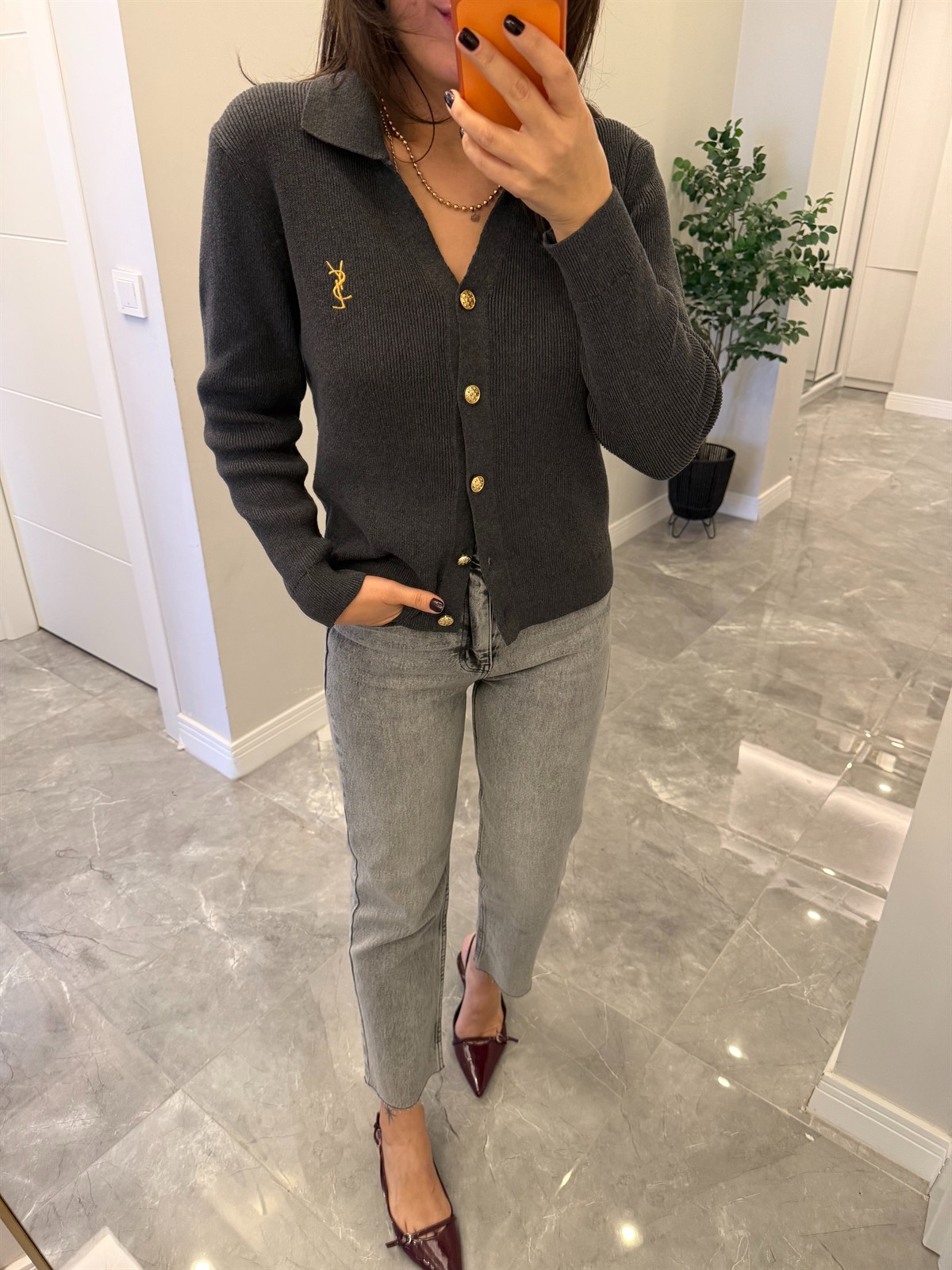 Orjinal Marka Gold Düğmeli Premium Hırka - Gri