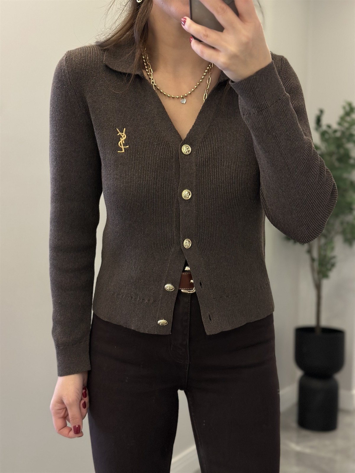 Orjinal Marka Gold Düğmeli Premium Hırka - Kahverengi