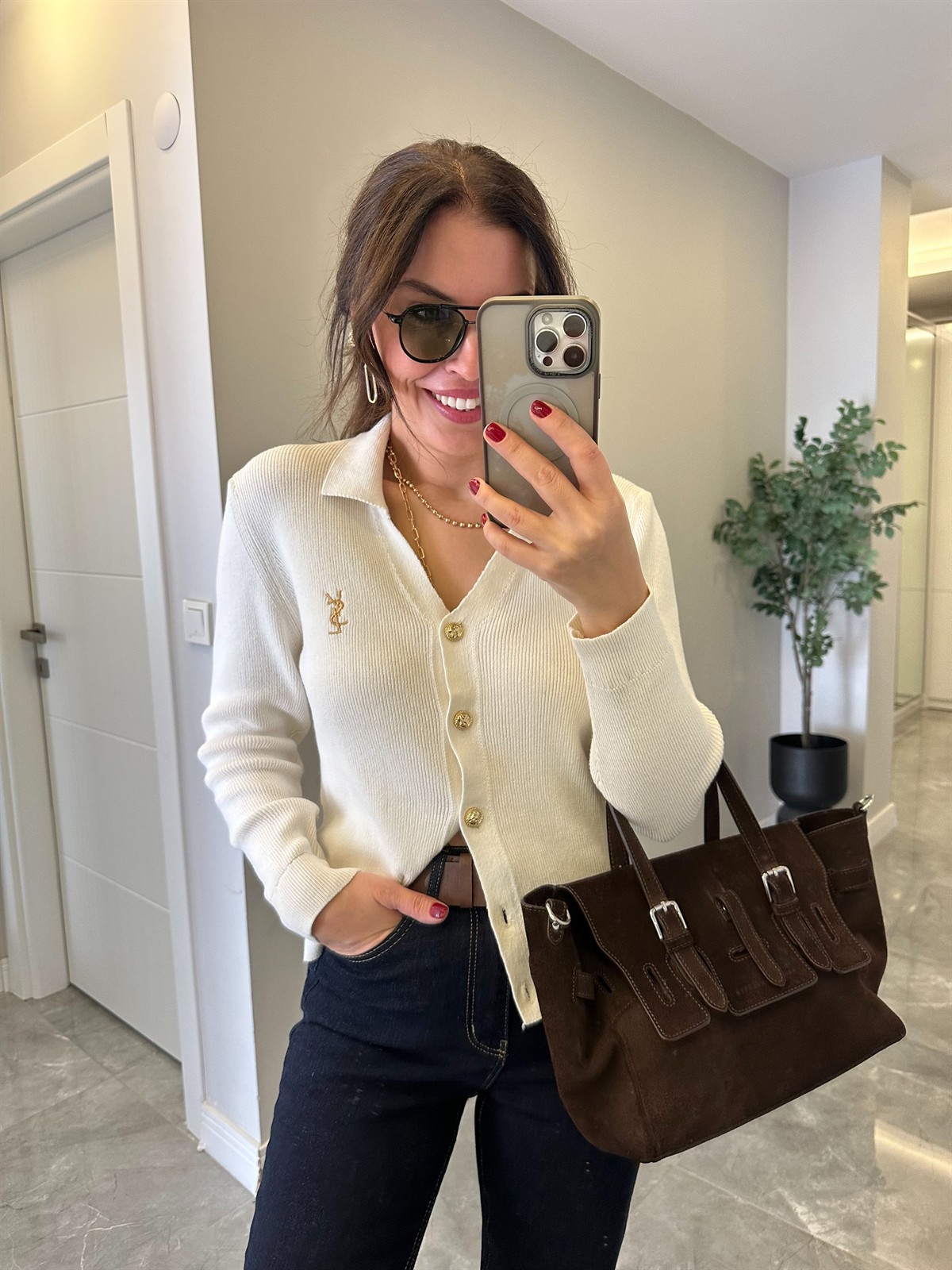 Orjinal Marka Gold Düğmeli Premium Hırka - Ekru