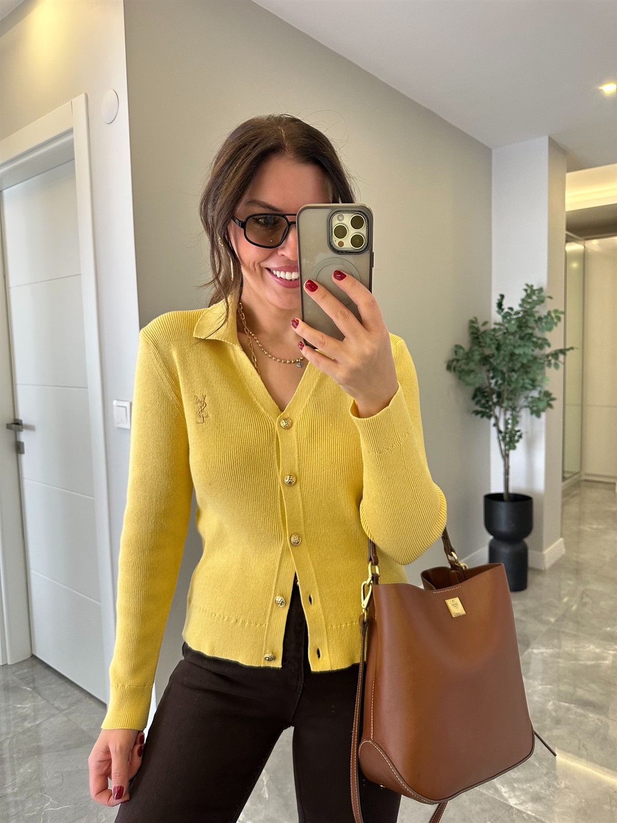 Orjinal Marka Gold Düğmeli Premium Hırka - Sarı