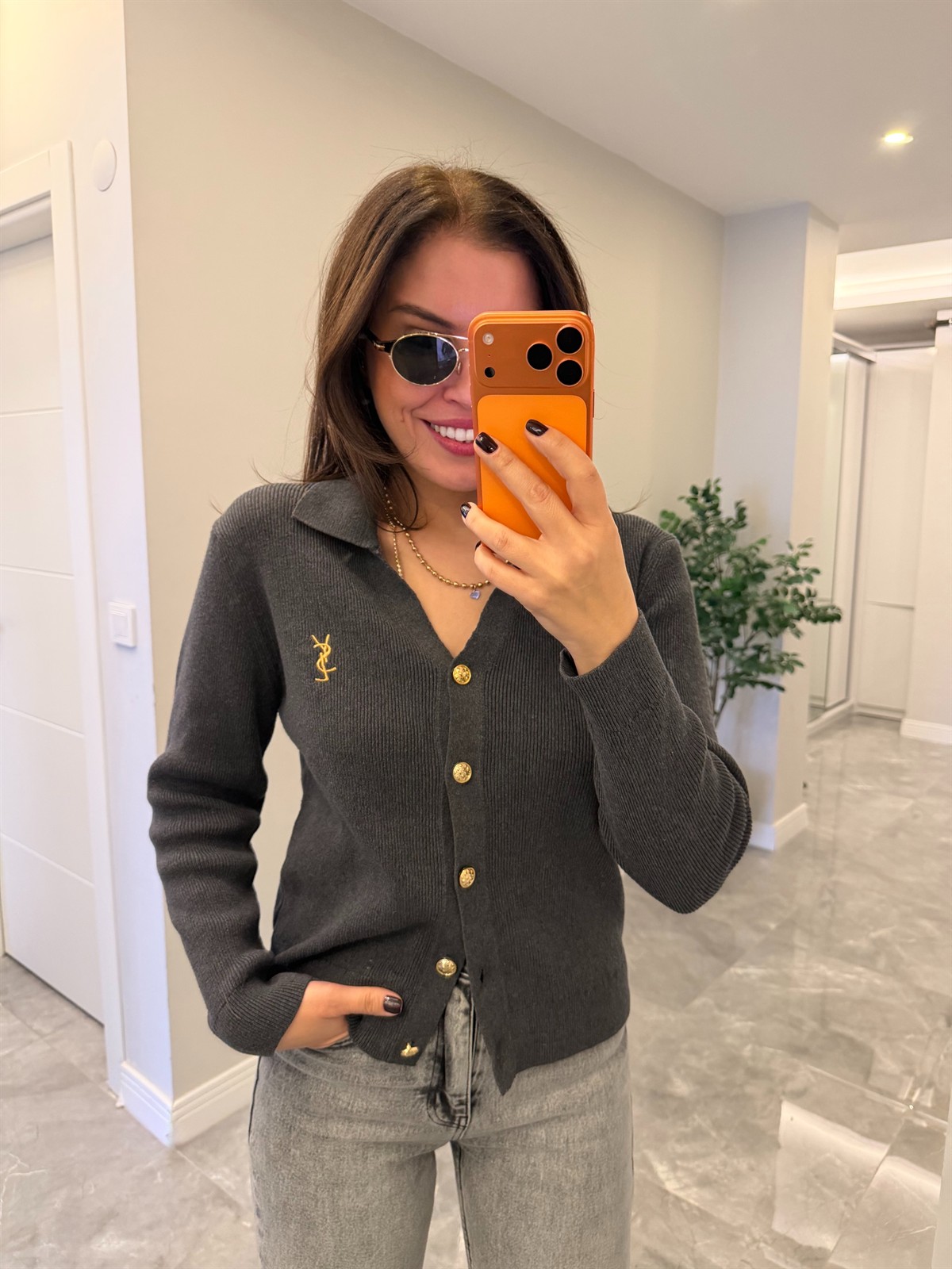 Orjinal Marka Gold Düğmeli Premium Hırka - Gri