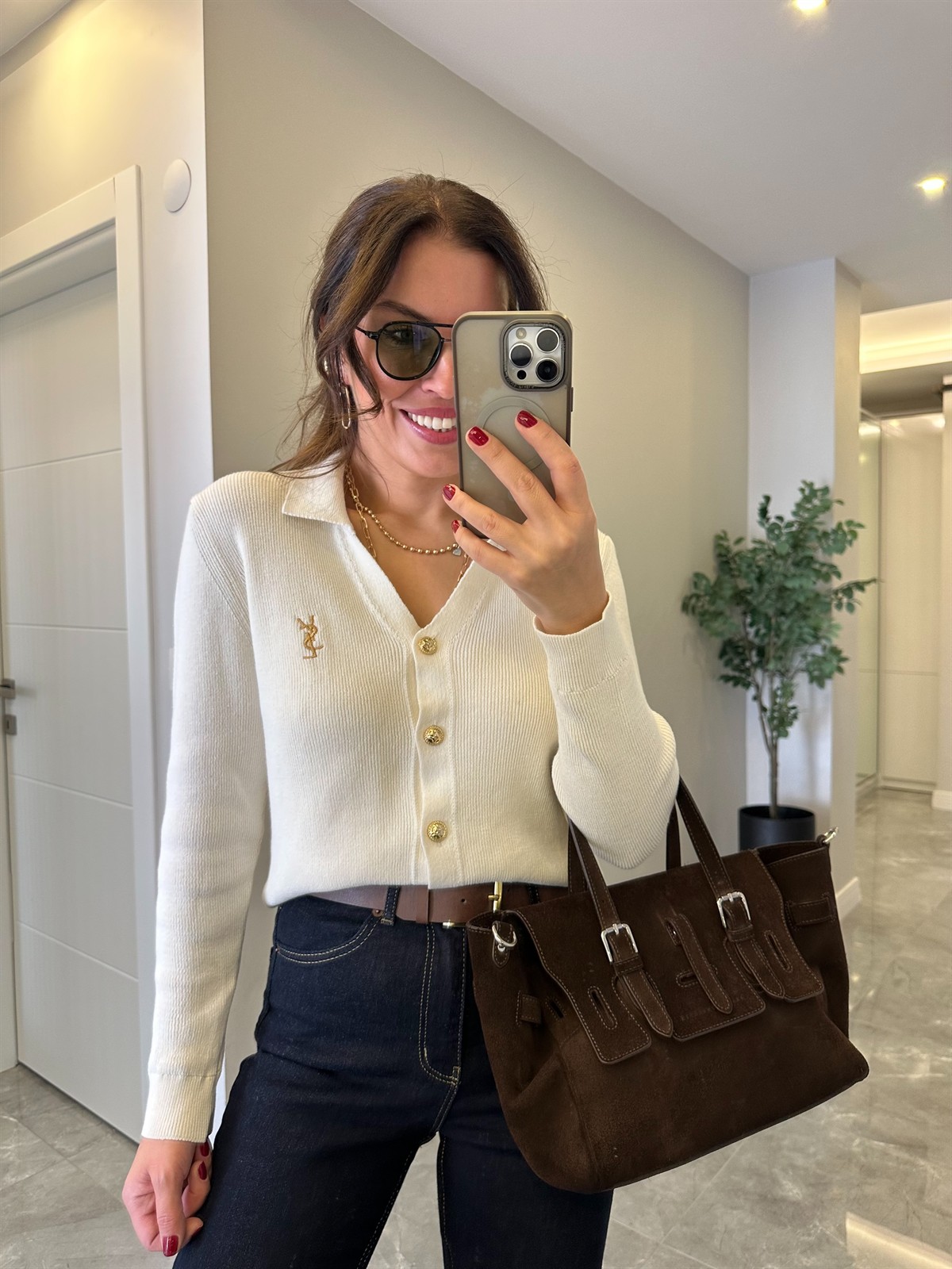 Orjinal Marka Gold Düğmeli Premium Hırka - Ekru