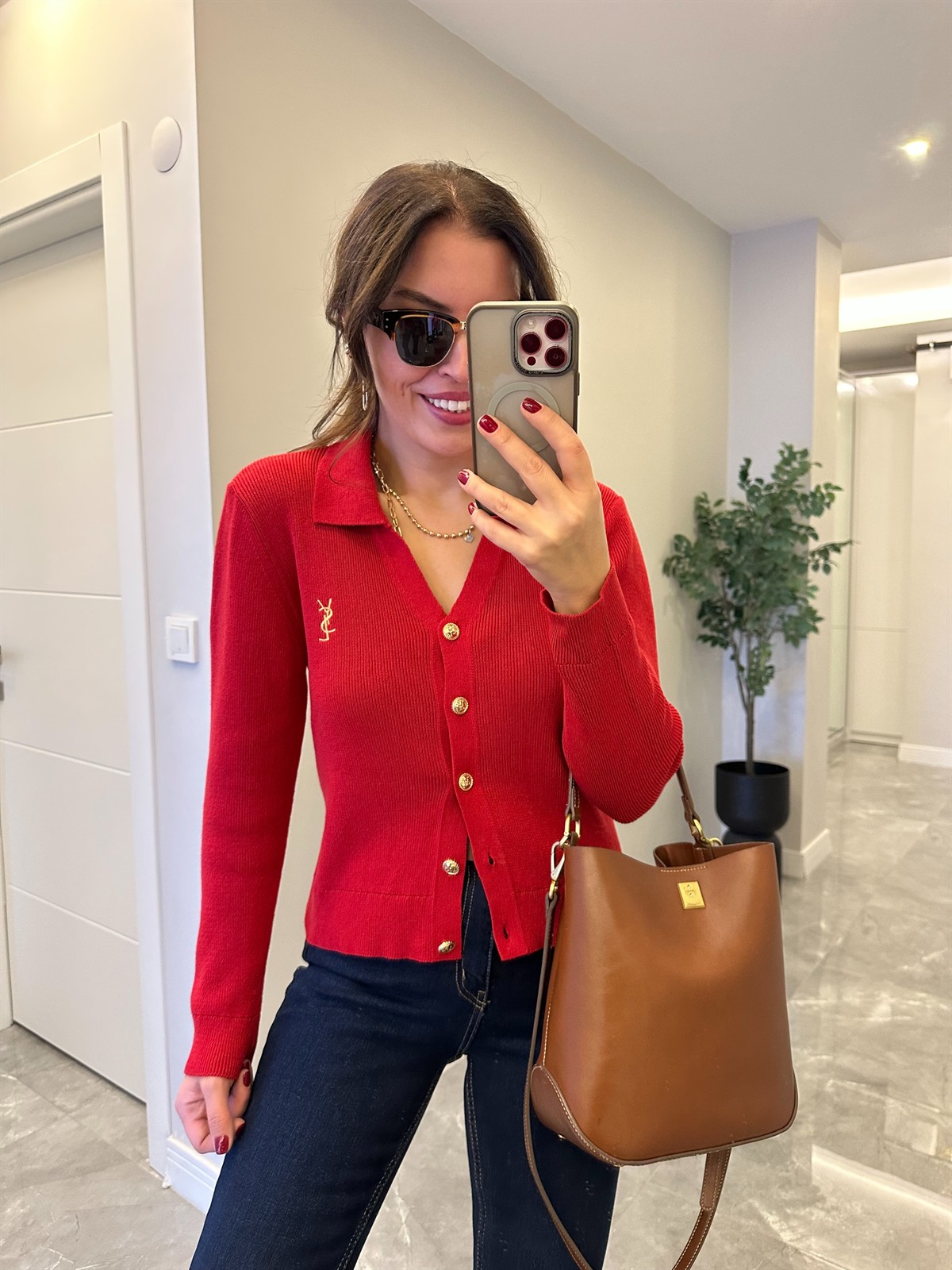 Orjinal Marka Gold Düğmeli Premium Hırka - Kırmızı