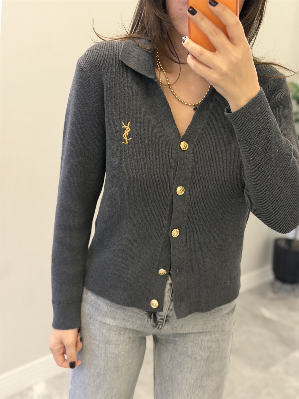 Orjinal Marka Gold Düğmeli Premium Hırka - Gri