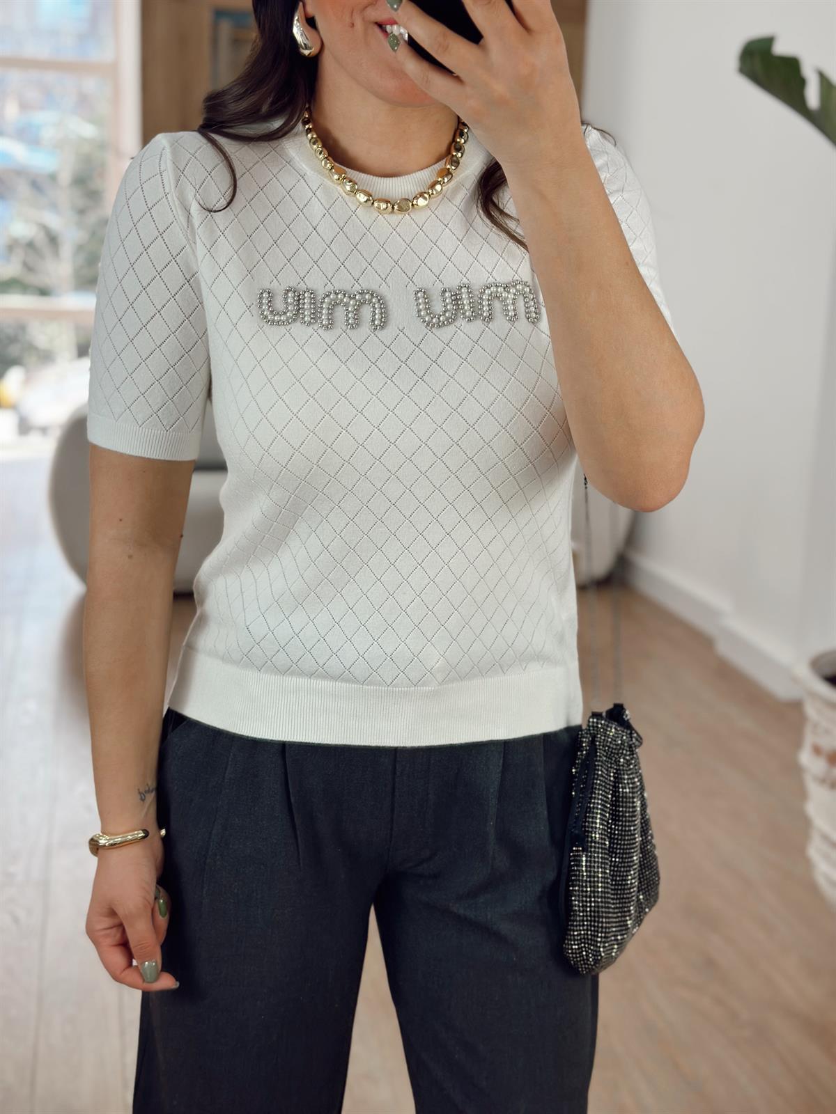 Orjinal Marka İnci Çakımlı Triko-Beyaz