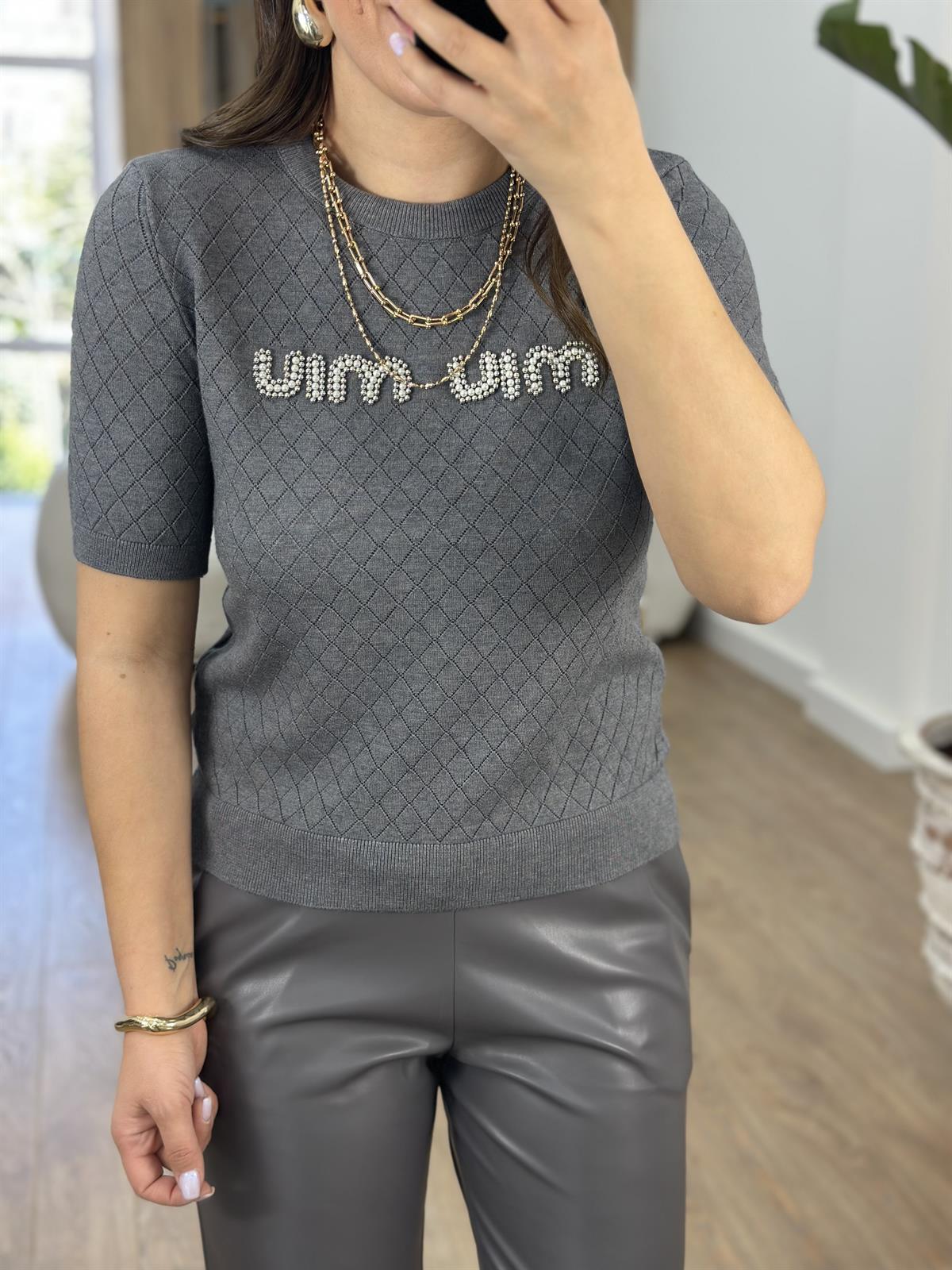 Orjinal Marka İnci Çakımlı Triko-Gri