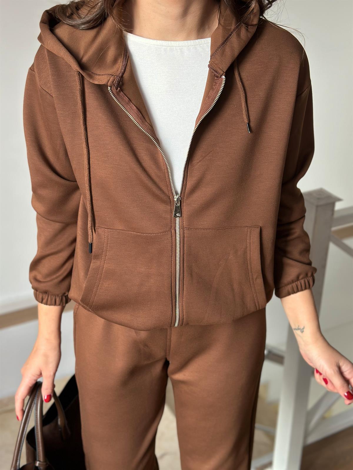 Orjinal Marka Kapüşonlu Eşofman Takımı - Kahverengi 