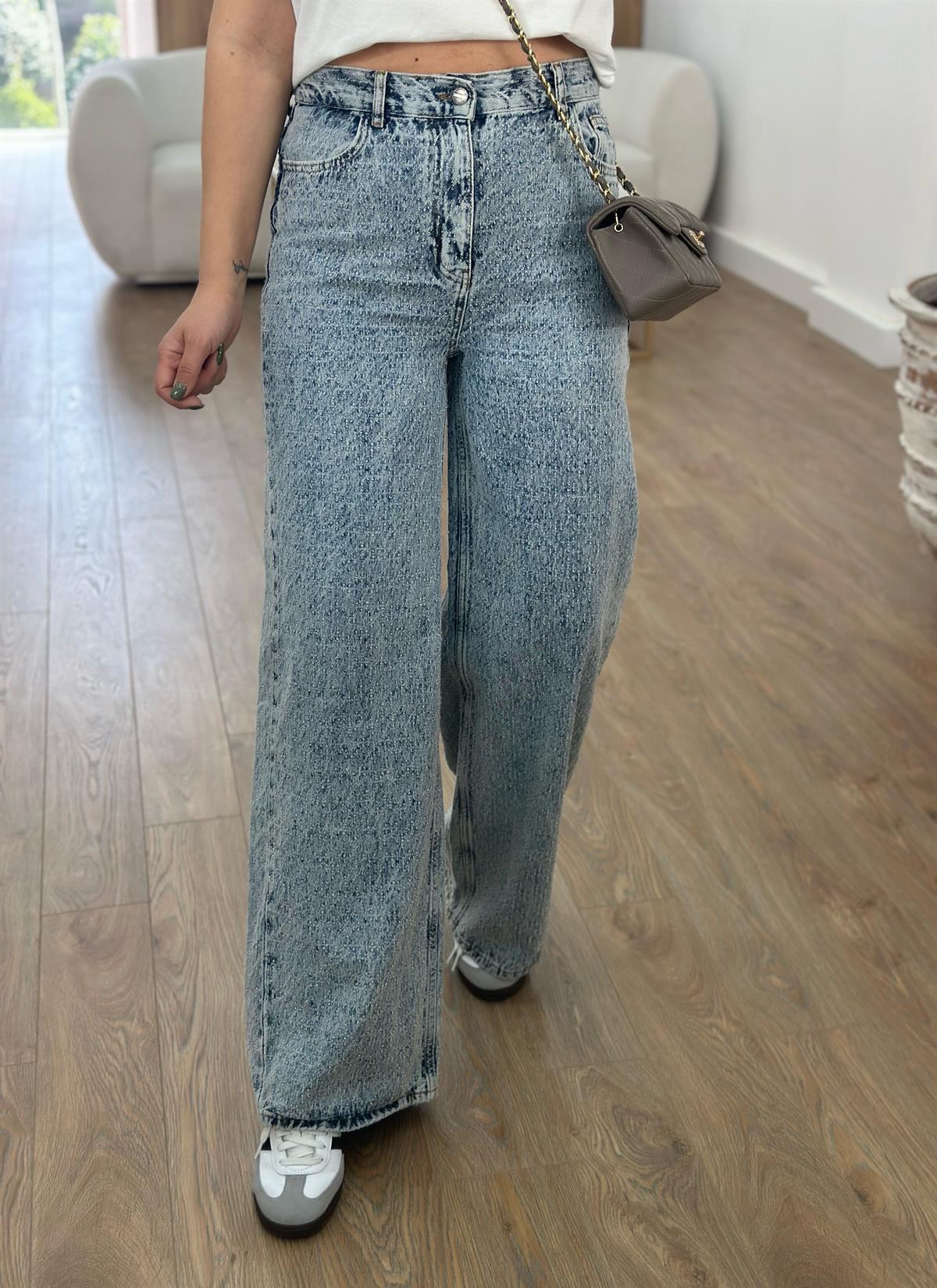 Orjinal Marka Kendinden Dokulu Bol Paça Jean