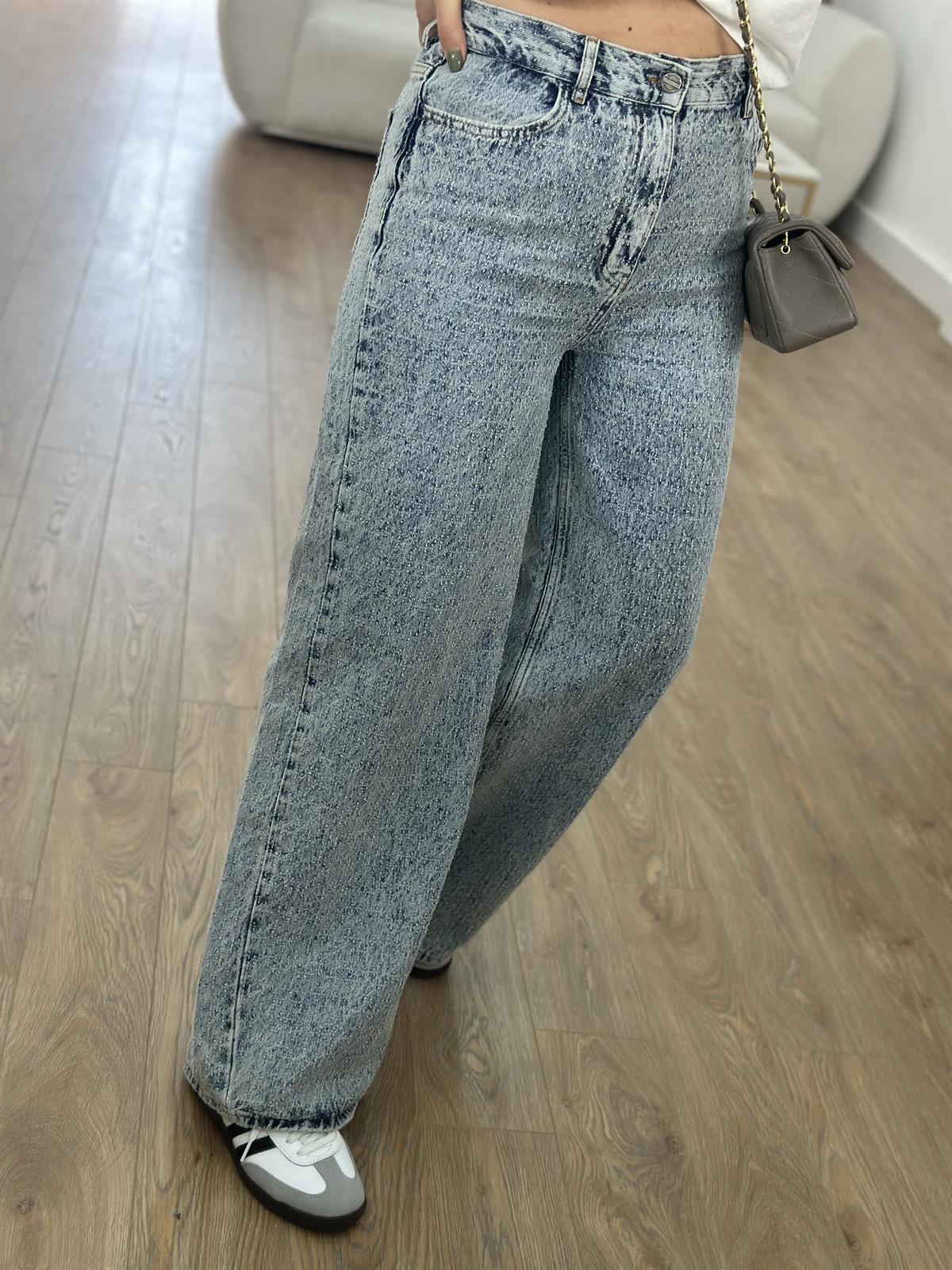 Orjinal Marka Kendinden Dokulu Bol Paça Jean