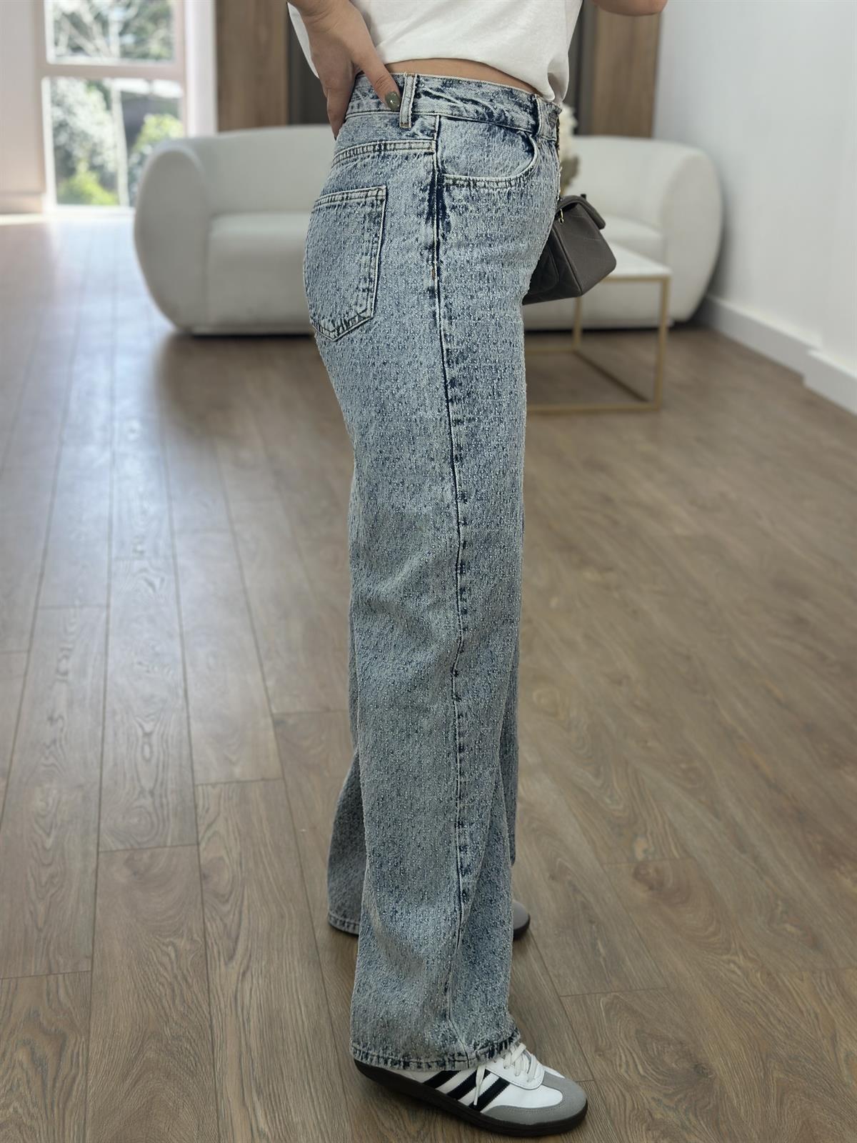 Orjinal Marka Kendinden Dokulu Bol Paça Jean