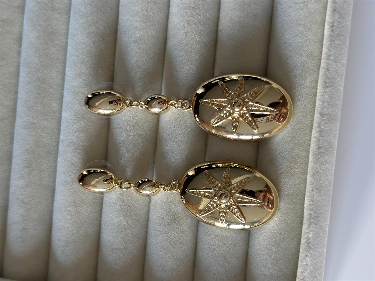 Ortası Yıldız Tasarım Gold Küpe 6cm