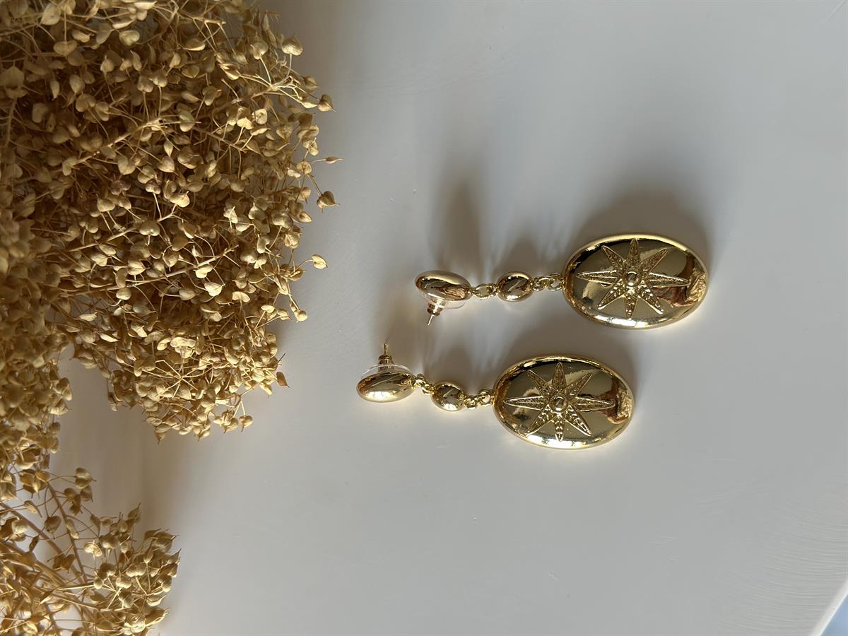 Ortası Yıldız Tasarım Gold Küpe 6cm