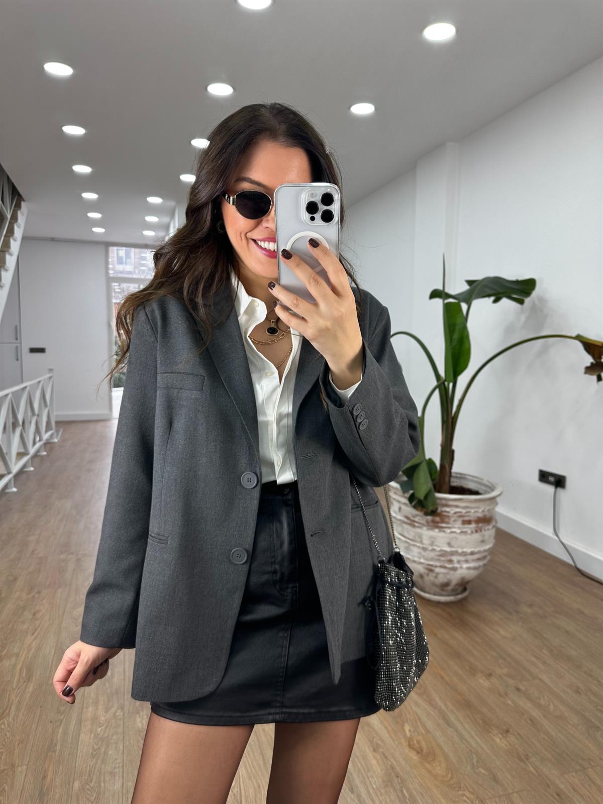 Oversize Cep Detaylı Blazzer Ceket - Antrasit