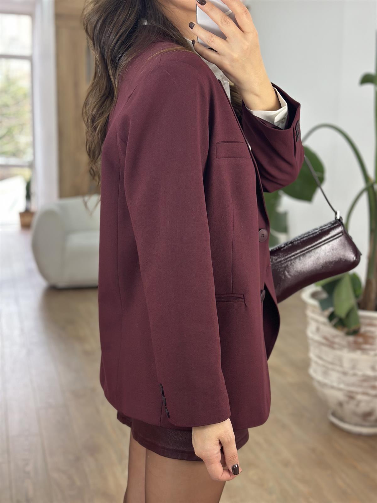 Oversize Cep Detaylı Blazzer Ceket - Bordo