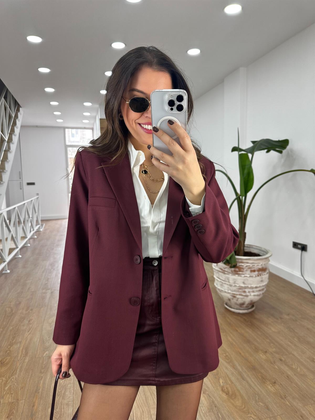 Oversize Cep Detaylı Blazzer Ceket - Bordo