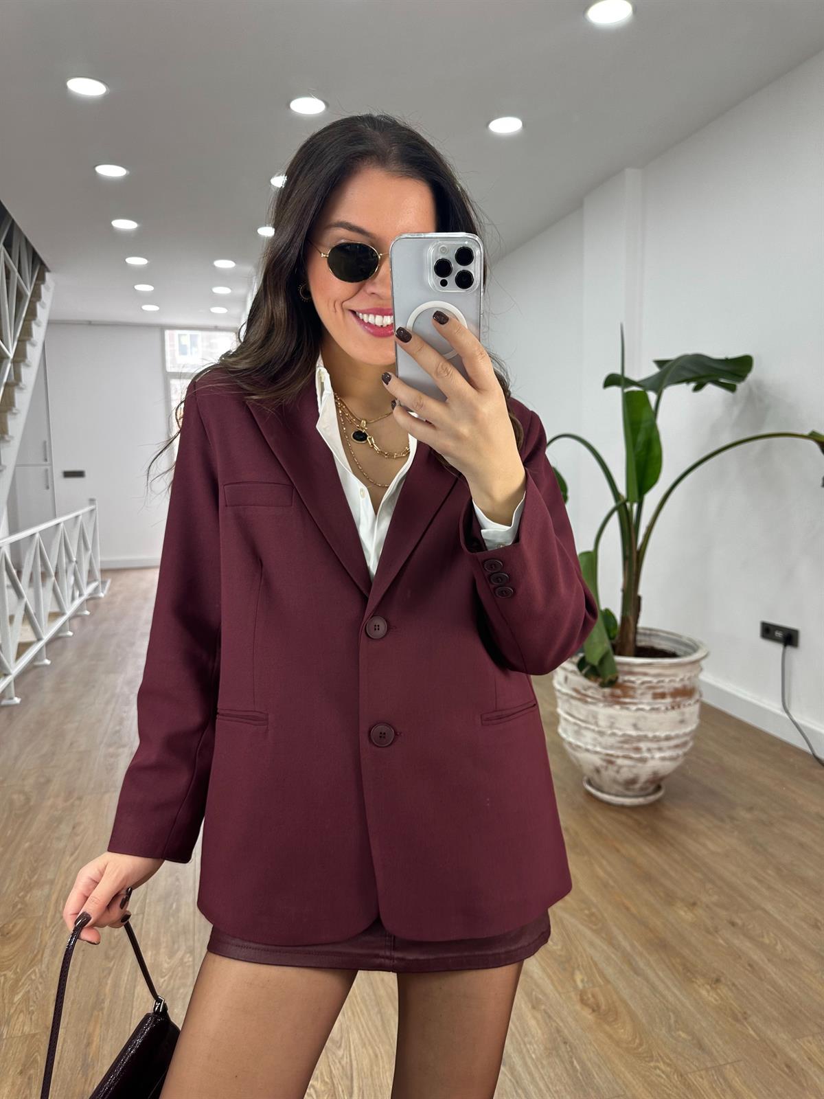 Oversize Cep Detaylı Blazzer Ceket - Bordo