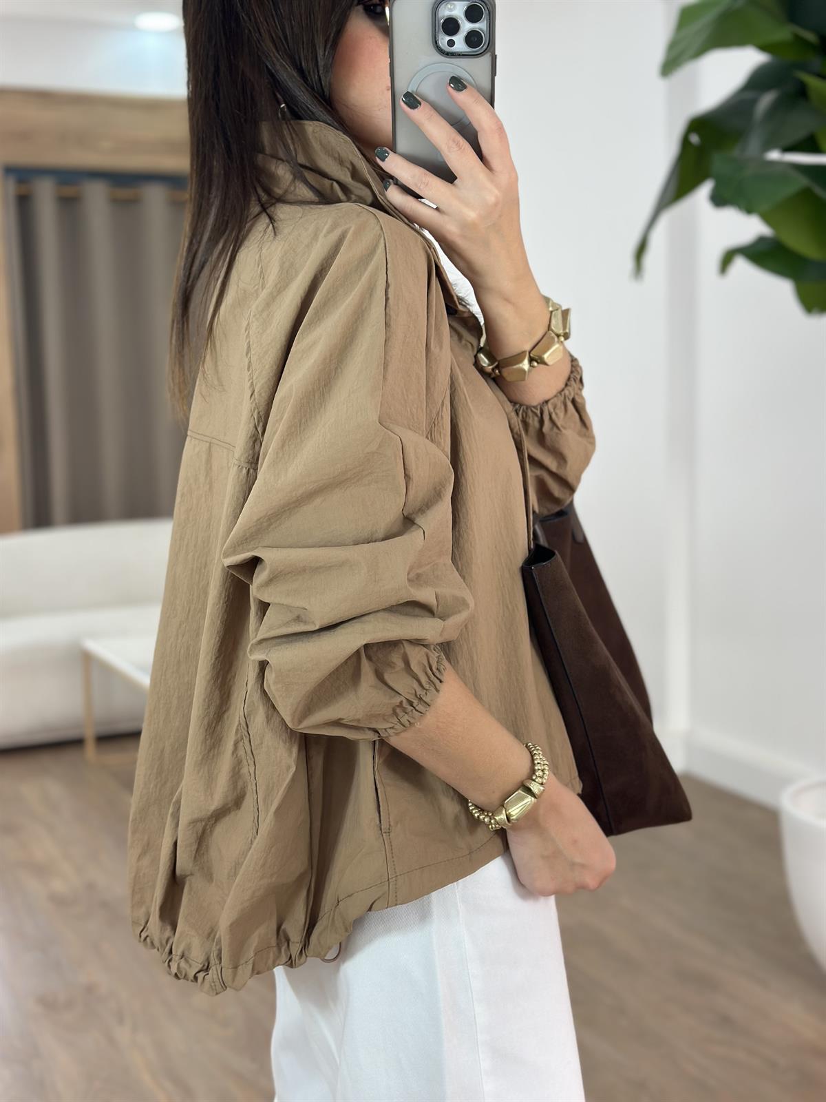 Oversize Cepli Yağmurluk - Camel