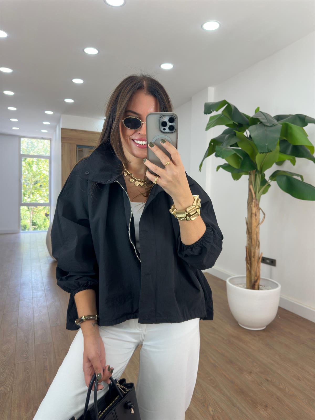 Oversize Cepli Yağmurluk - Siyah