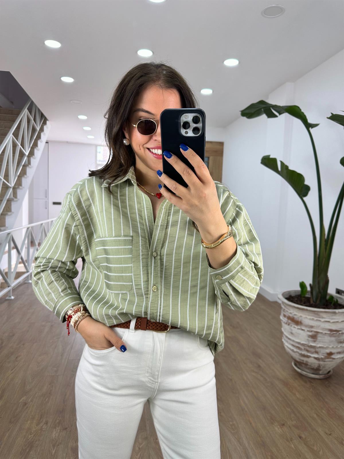 Oversize Çizgili Salaş Gömlek-Çağla Yeşili