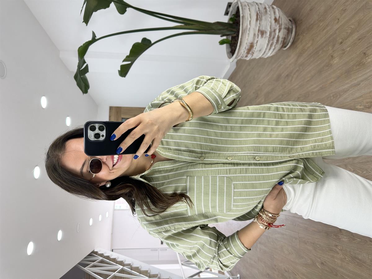 Oversize Çizgili Salaş Gömlek-Çağla Yeşili