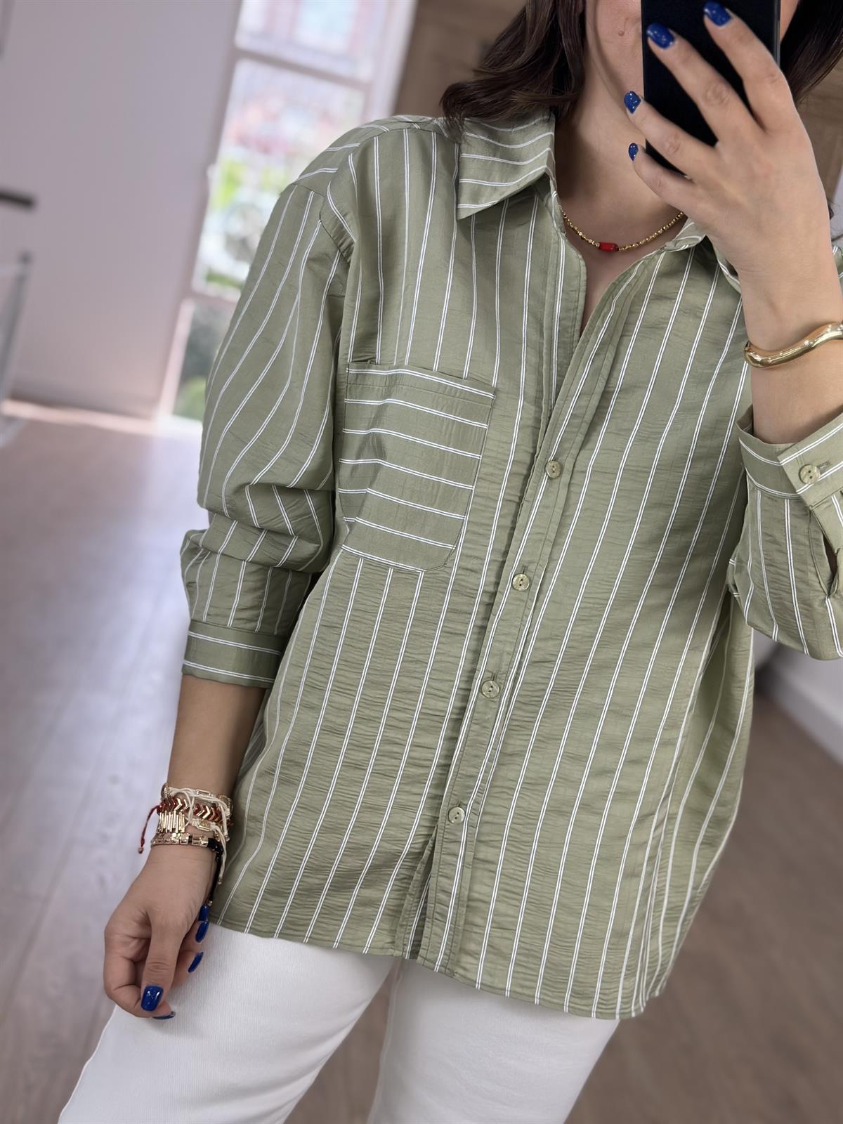 Oversize Çizgili Salaş Gömlek-Çağla Yeşili