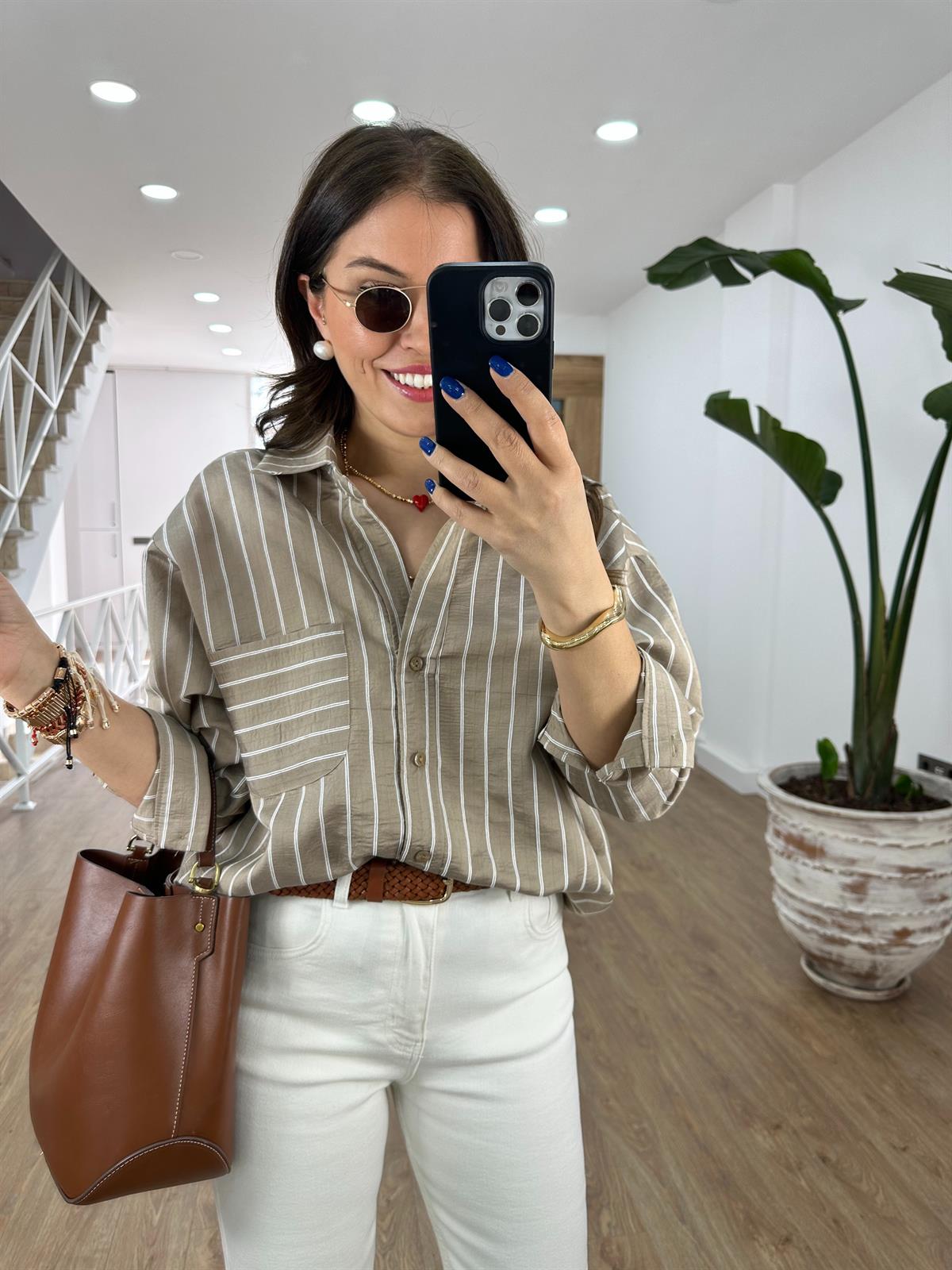 Oversize Çizgili Salaş Gömlek-Vizon