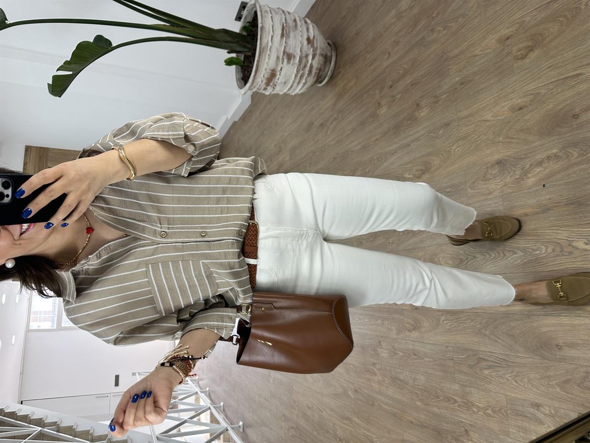 Oversize Çizgili Salaş Gömlek-Vizon