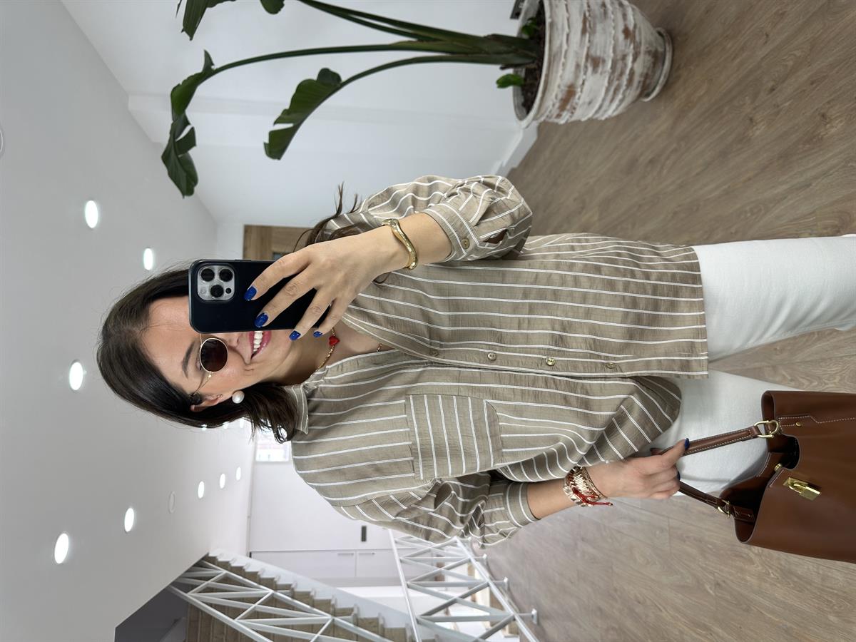 Oversize Çizgili Salaş Gömlek-Vizon