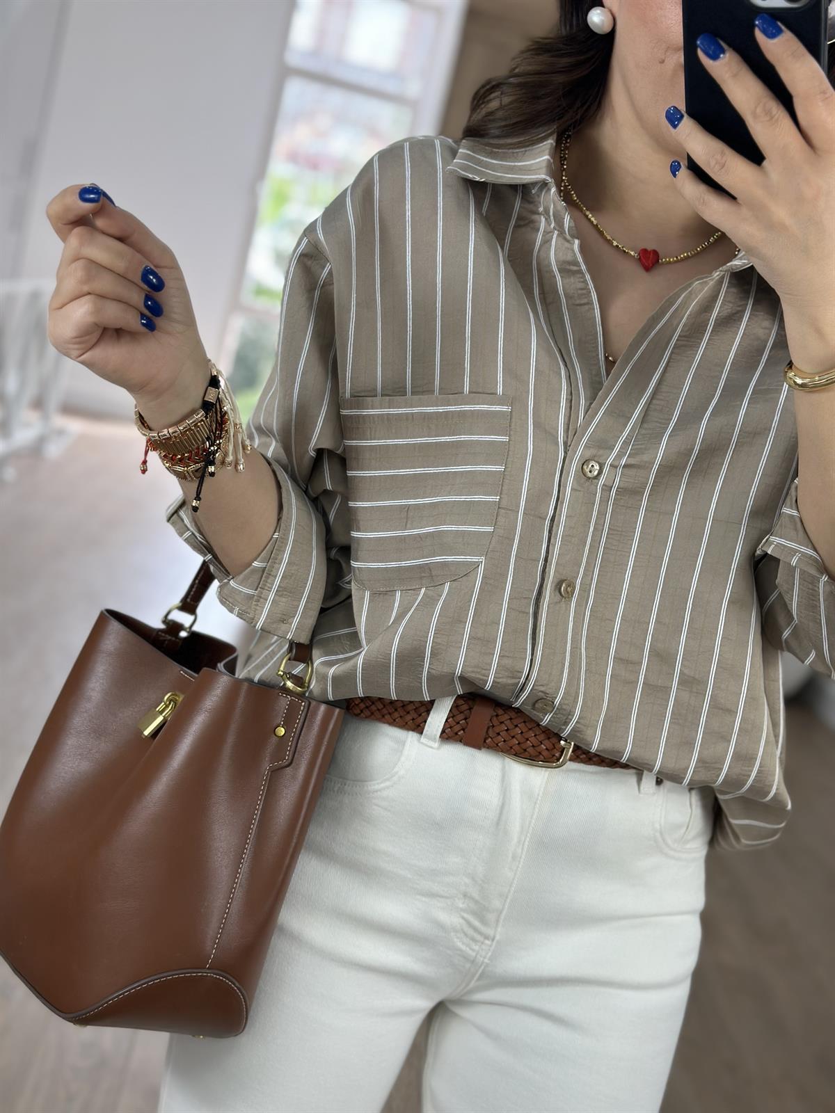 Oversize Çizgili Salaş Gömlek-Vizon