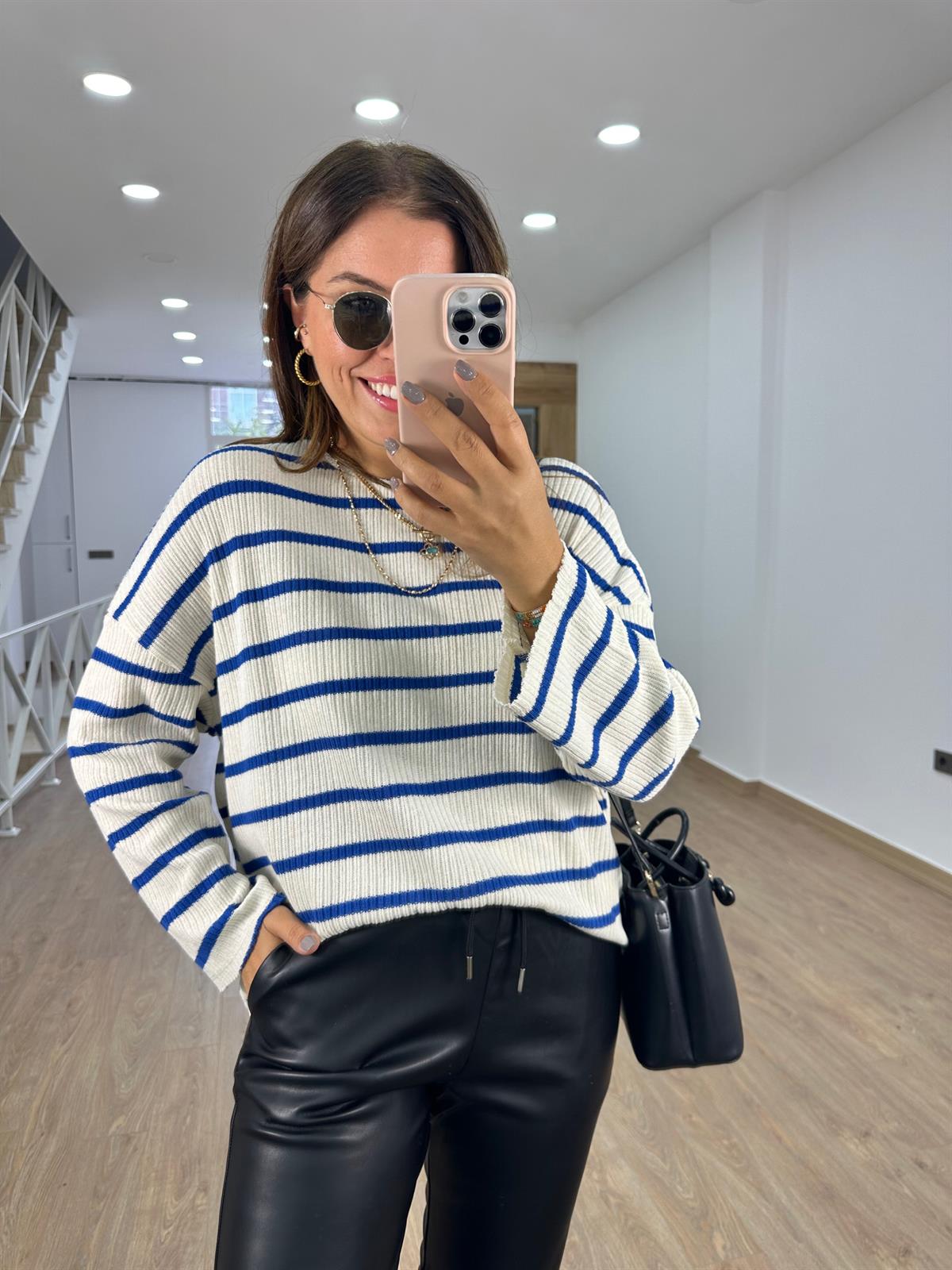 Oversize Çizgili Triko-Saks Mavi