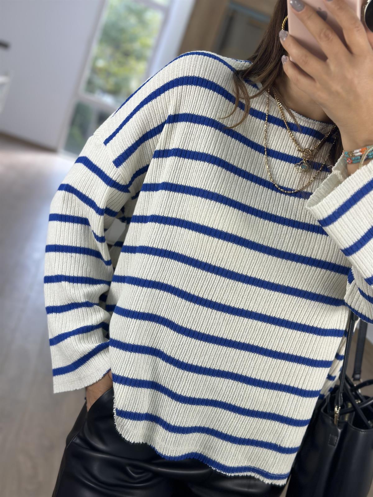 Oversize Çizgili Triko-Saks Mavi