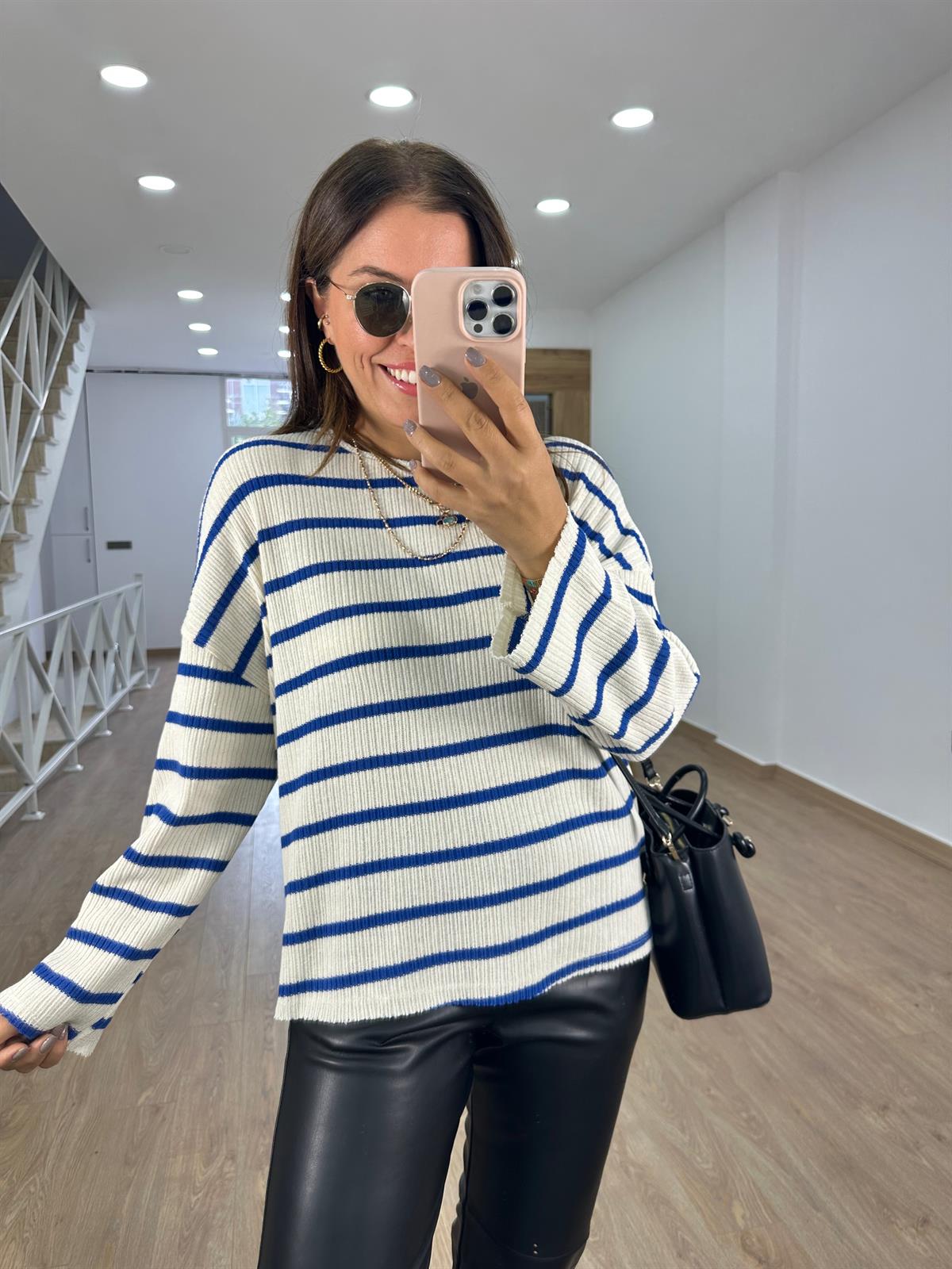 Oversize Çizgili Triko-Saks Mavi