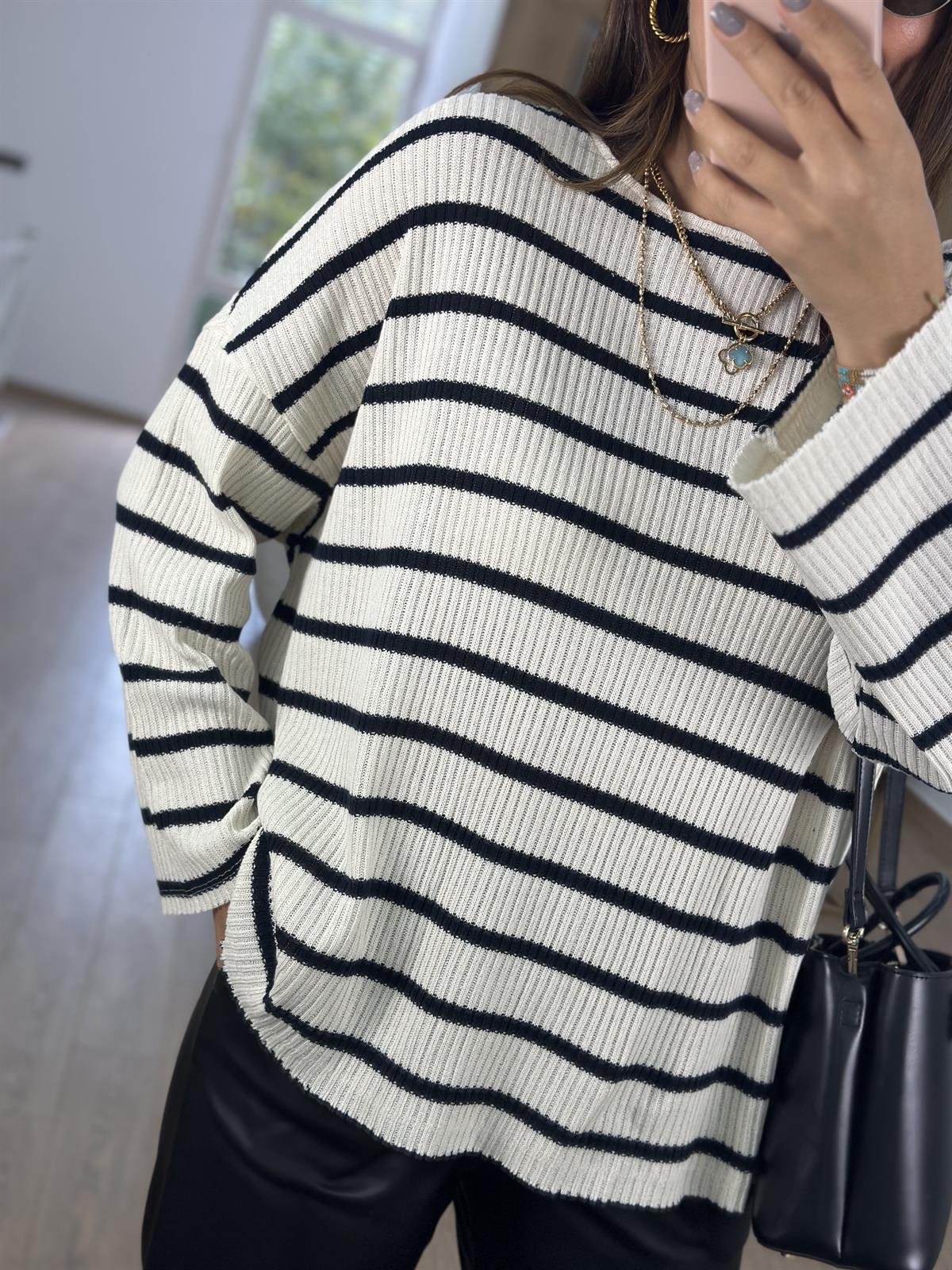 Oversize Çizgili Triko -Siyah