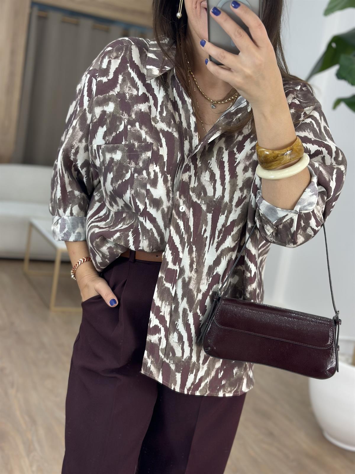 Oversize Desenli Gömlek - Bordo