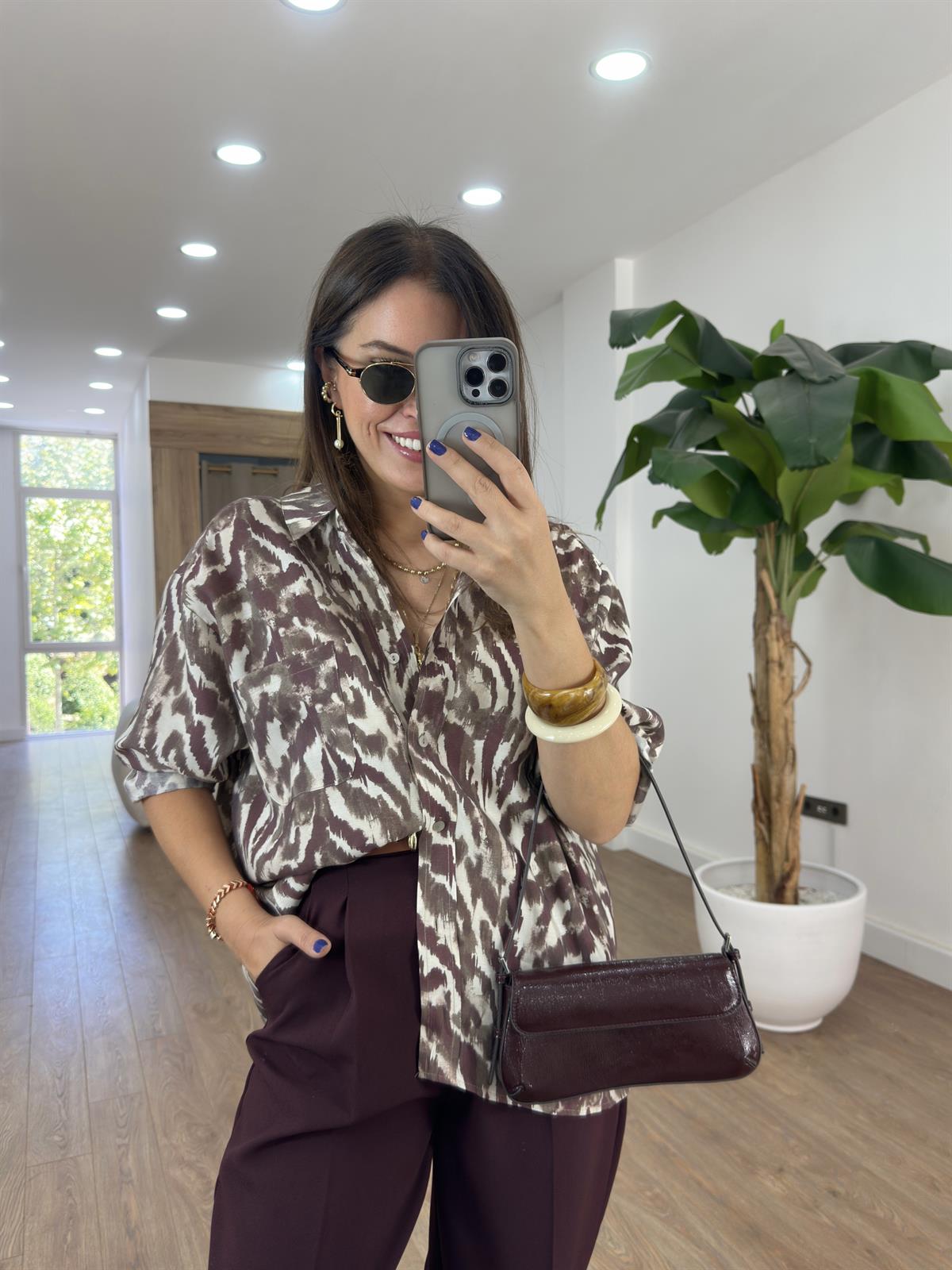 Oversize Desenli Gömlek - Bordo