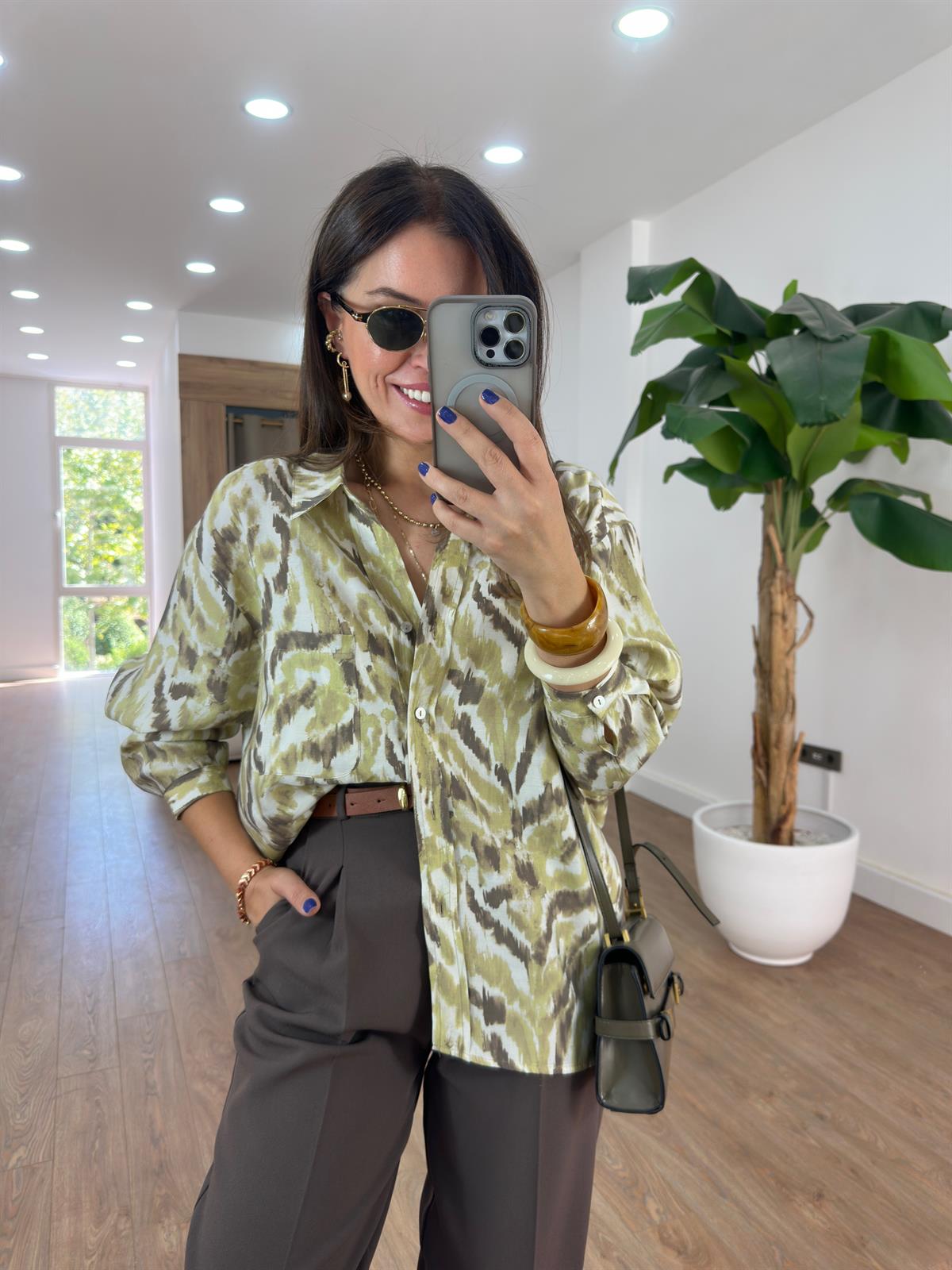 Oversize Desenli Gömlek - Yeşil