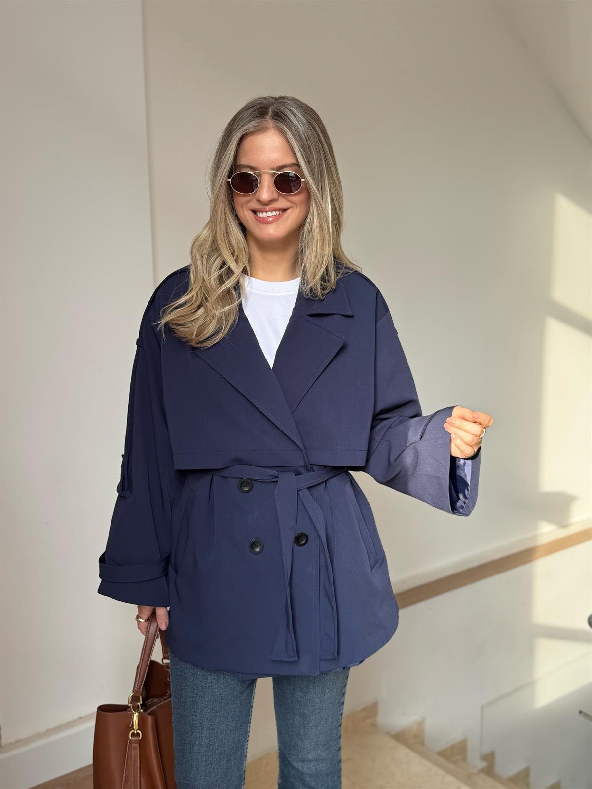 Oversize Düşük Omuz Trençkot - Lacivert