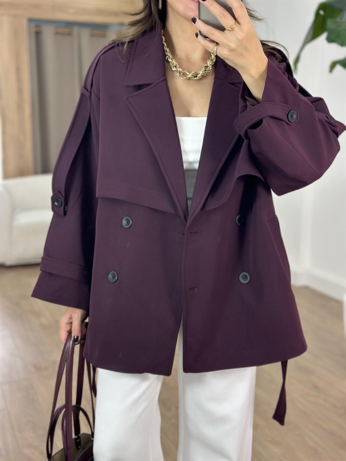 Oversize Düşük Omuz Trençkot - Mürdüm