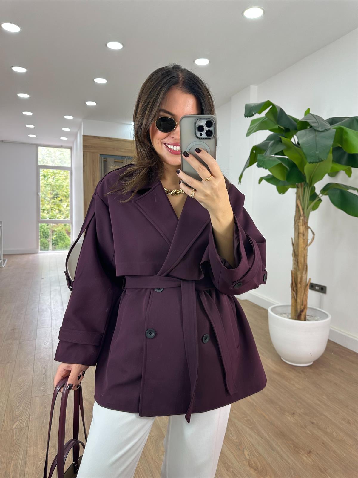 Oversize Düşük Omuz Trençkot - Mürdüm