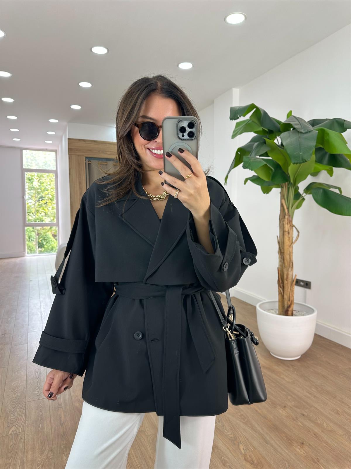 Oversize Düşük Omuz Trençkot - Siyah