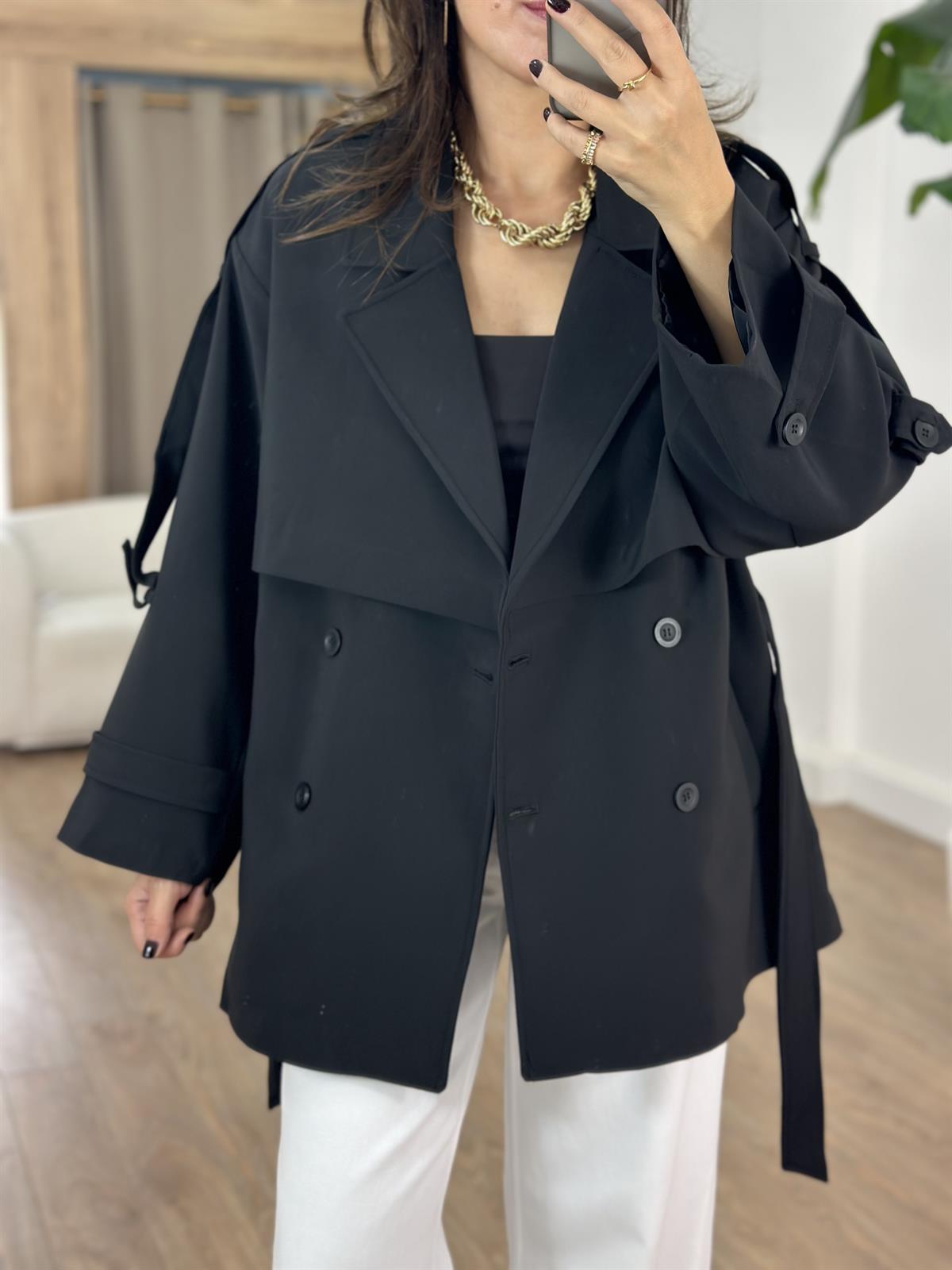 Oversize Düşük Omuz Trençkot - Siyah