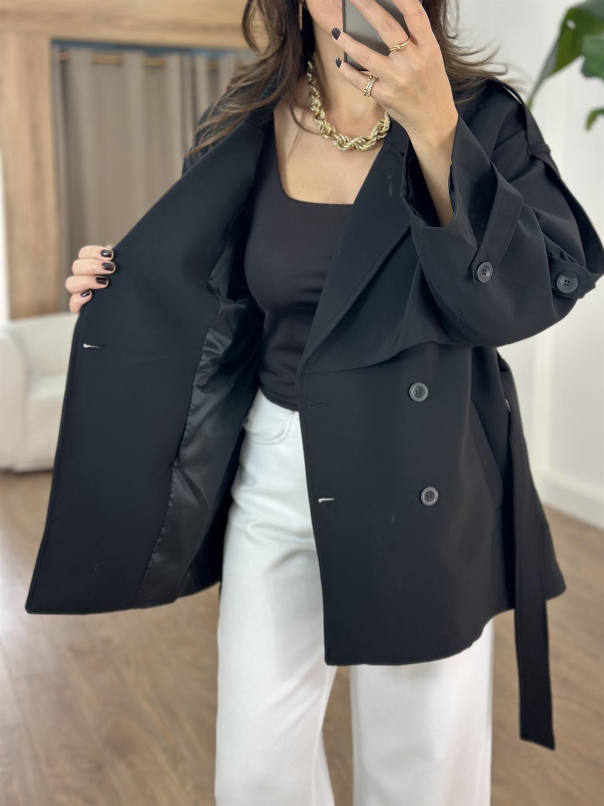 Oversize Düşük Omuz Trençkot - Siyah