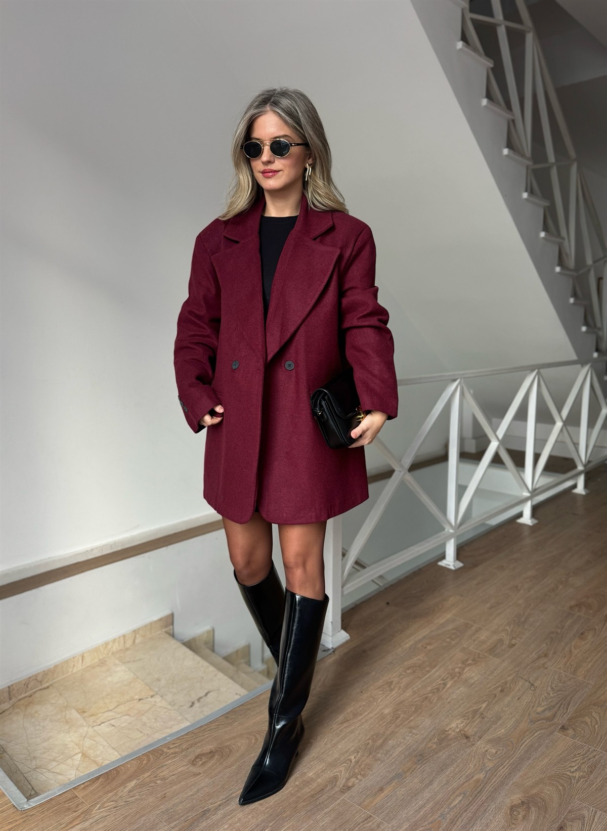 Oversize Kaşe Ceket Kaban - Bordo