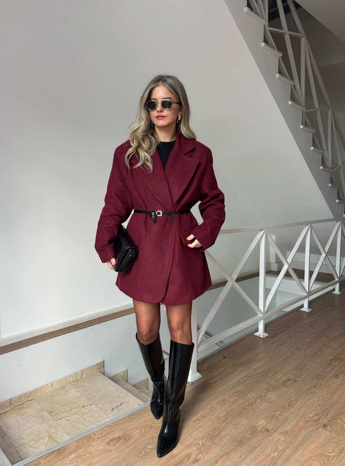 Oversize Kaşe Ceket Kaban - Bordo