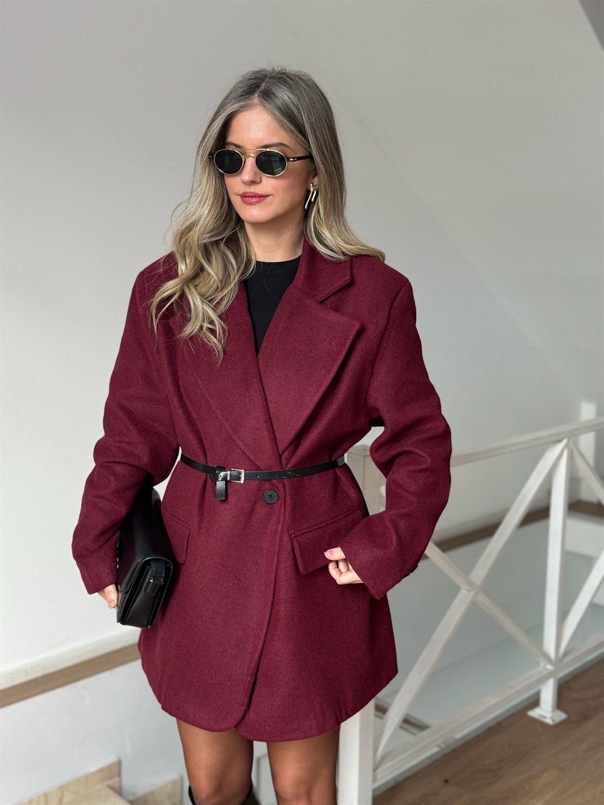 Oversize Kaşe Ceket Kaban - Bordo