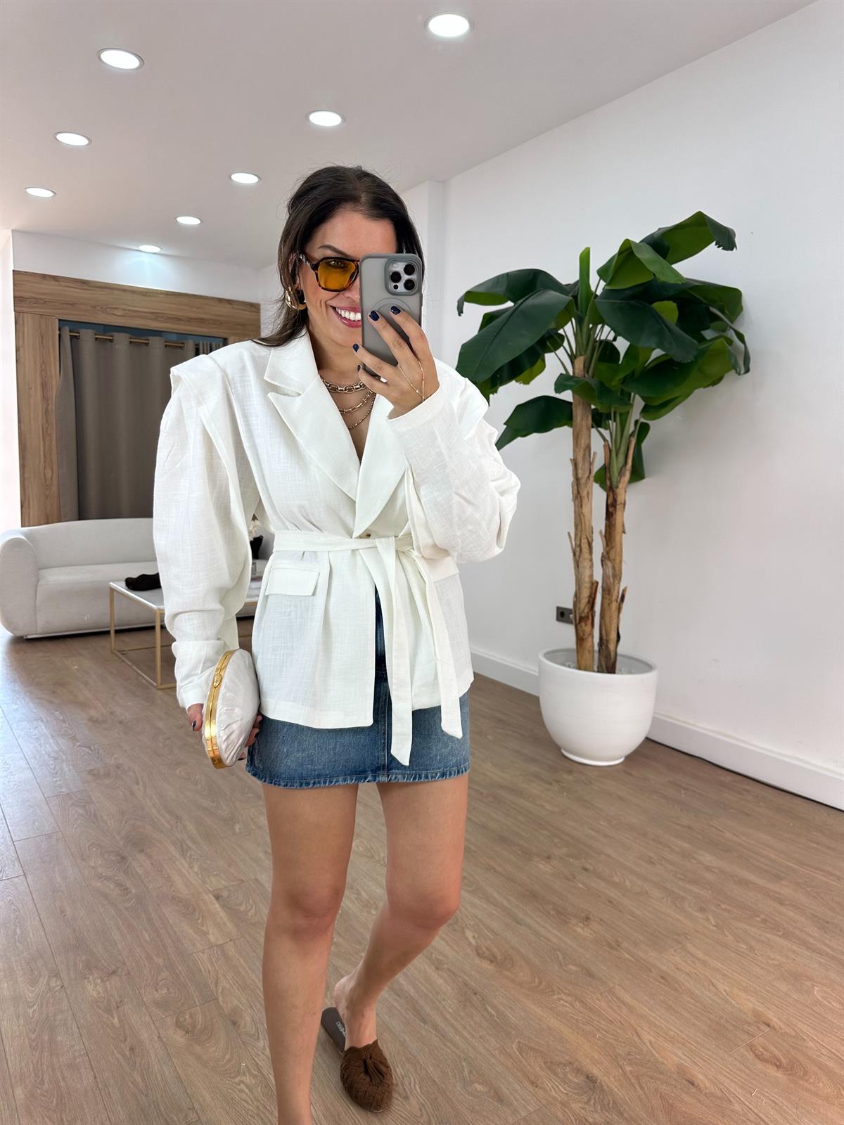 Oversize Keten Blazer Ceket - Beyaz