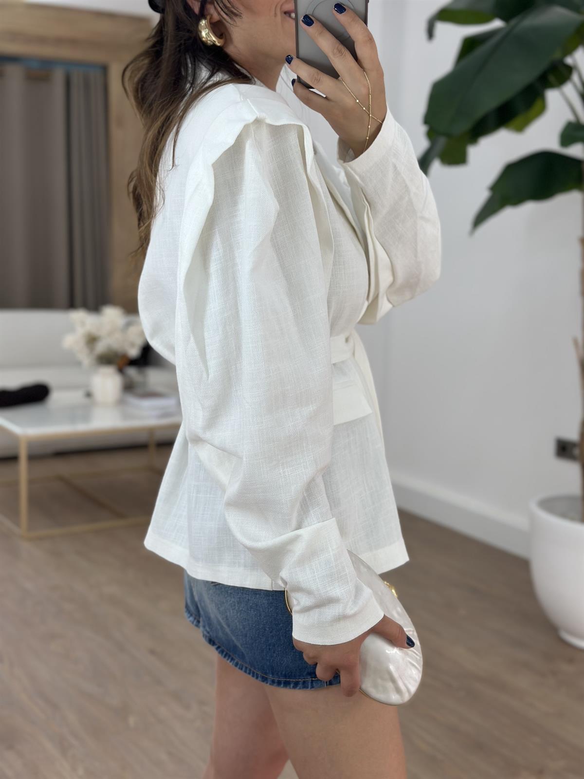 Oversize Keten Blazer Ceket - Beyaz