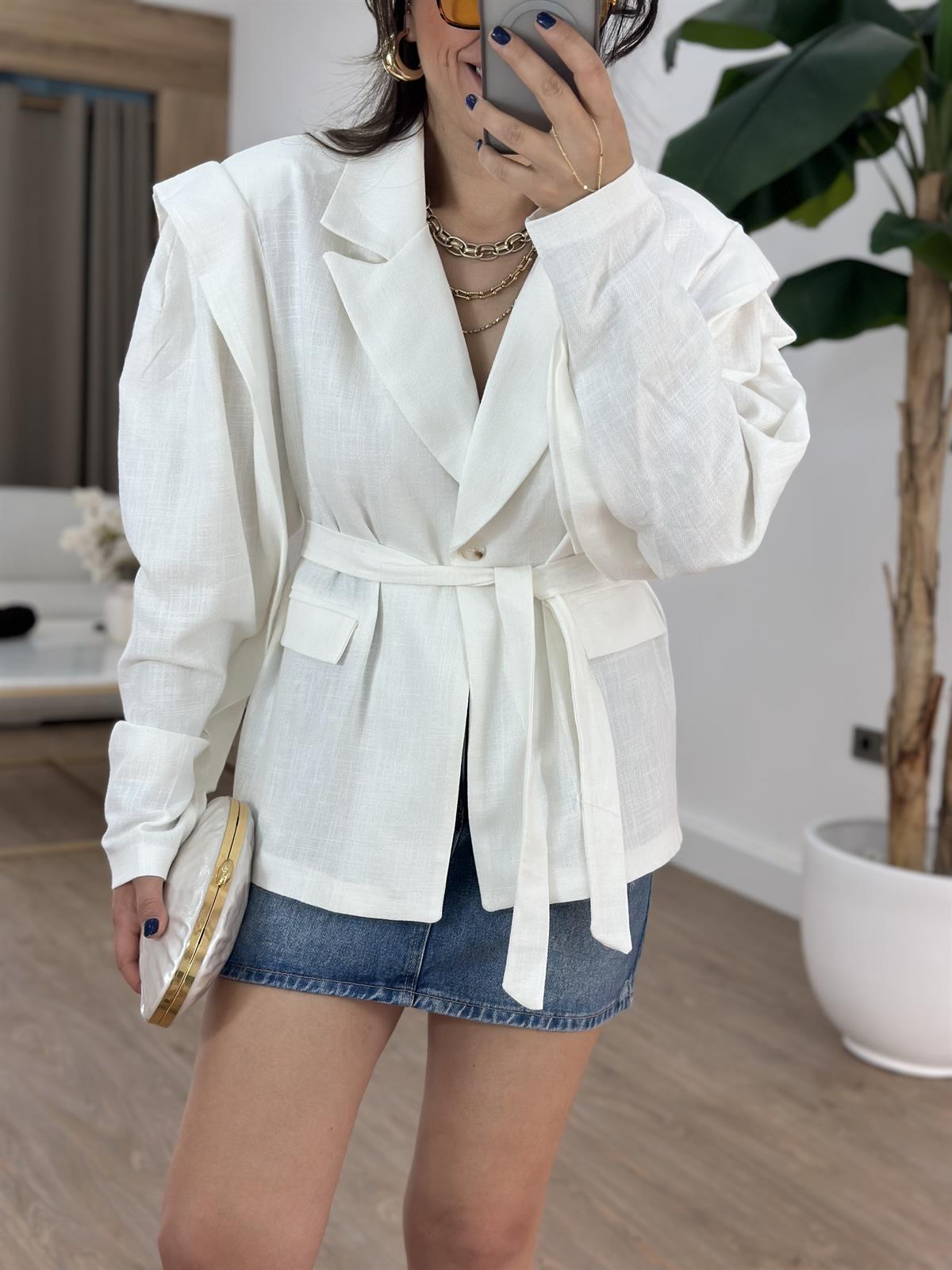 Oversize Keten Blazer Ceket - Beyaz